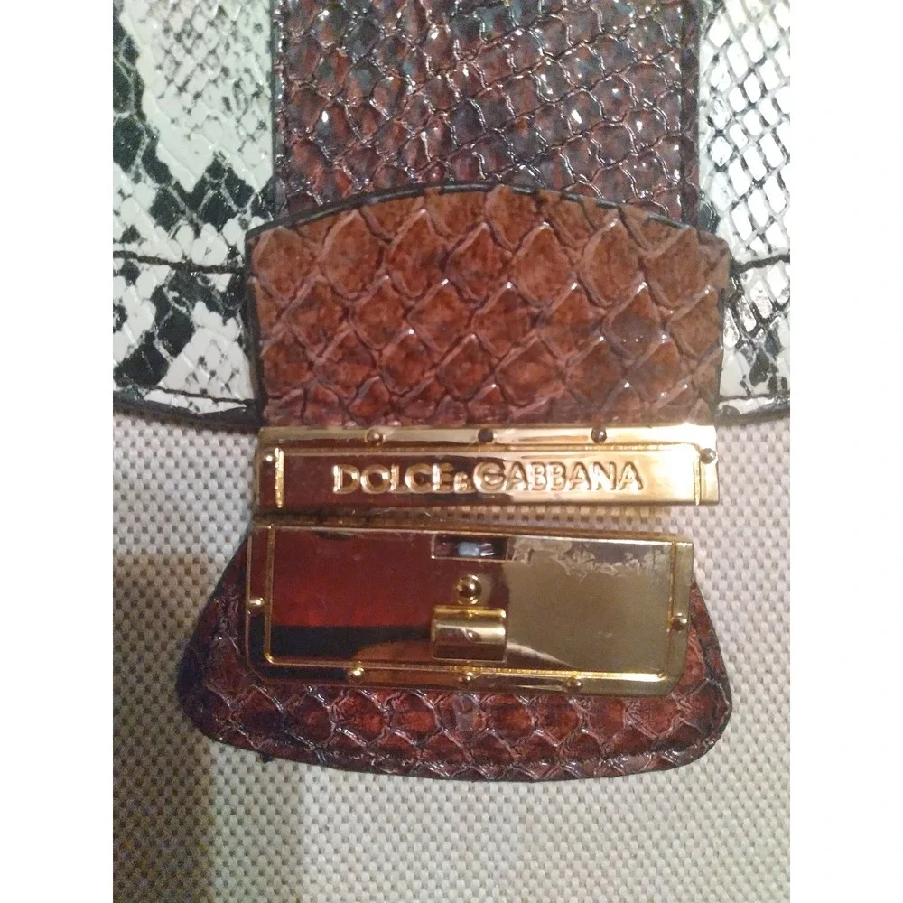 DOLCE &‎ GABBANA Snakeskin Print Satchel Handbag Brown Trim Card Case
